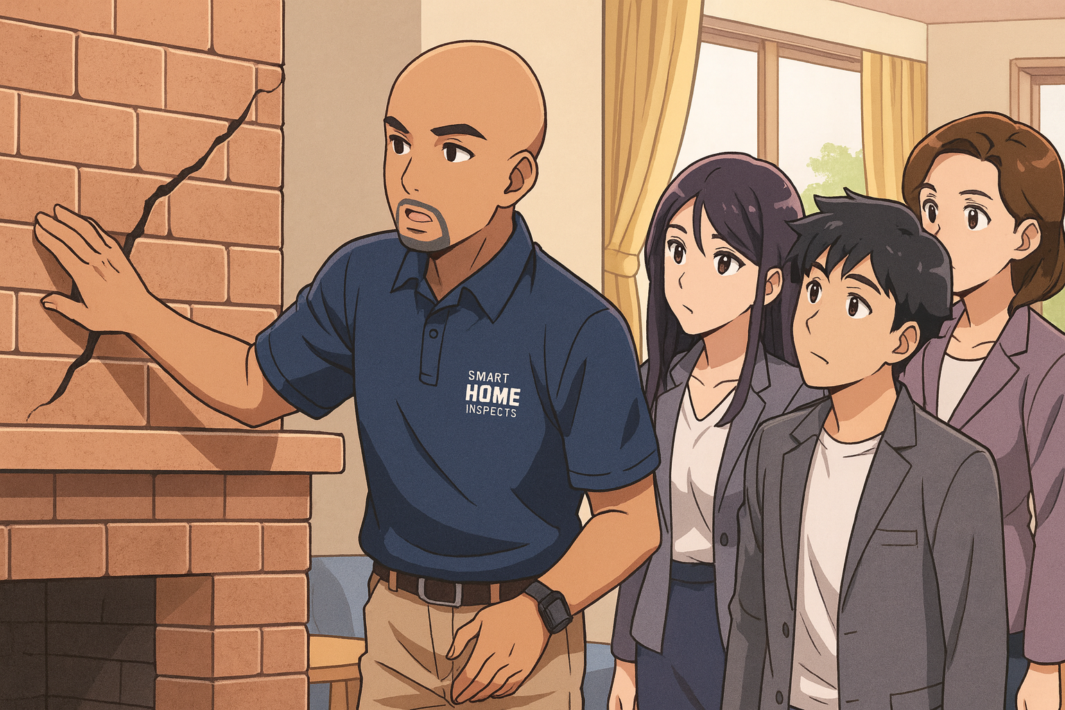 Smart Home Inspects professional explaining wall cracks to home buyers during inspection consultation