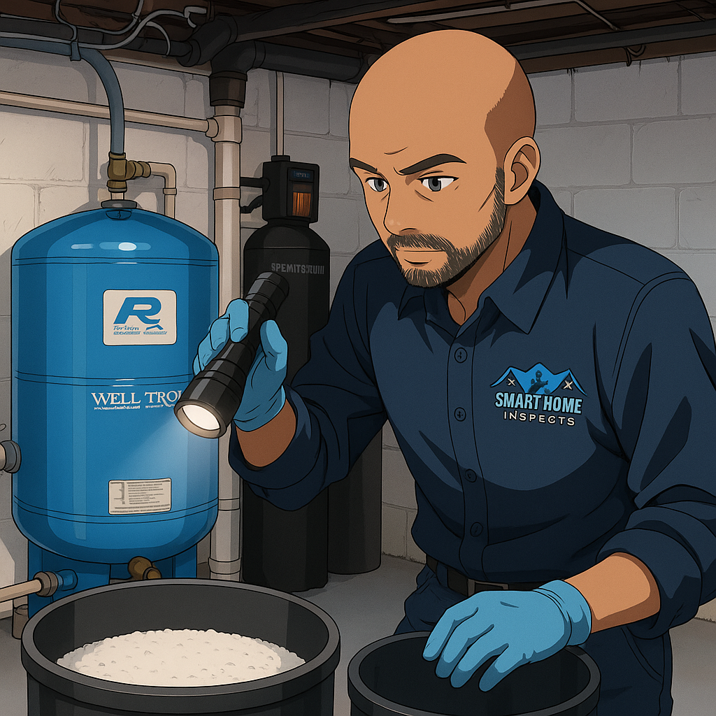 Professional well inspector from Smart Home Inspects conducting a well inspection with pressure tank and filtration equipment
