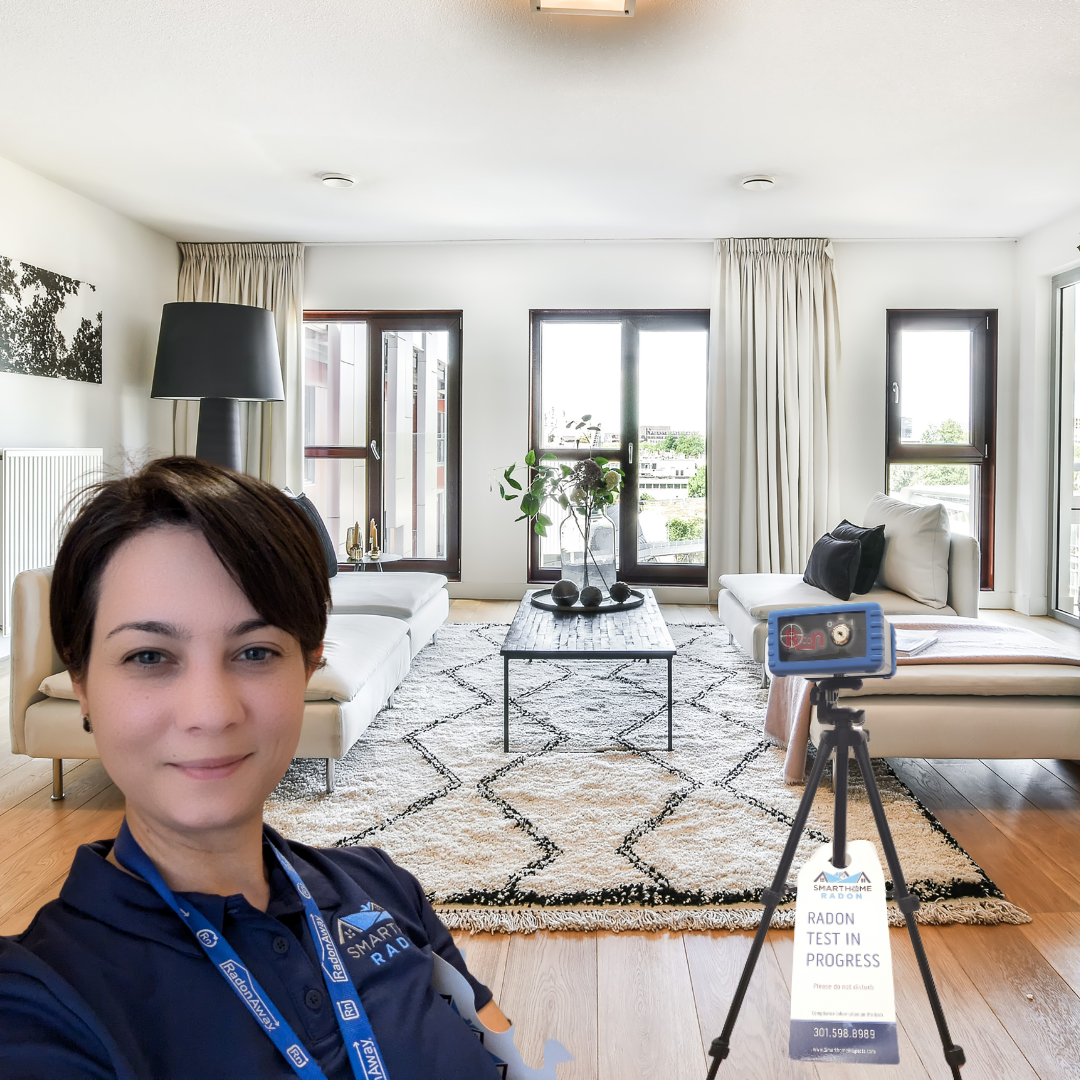 Daisy Rezende setting up professional radon testing equipment